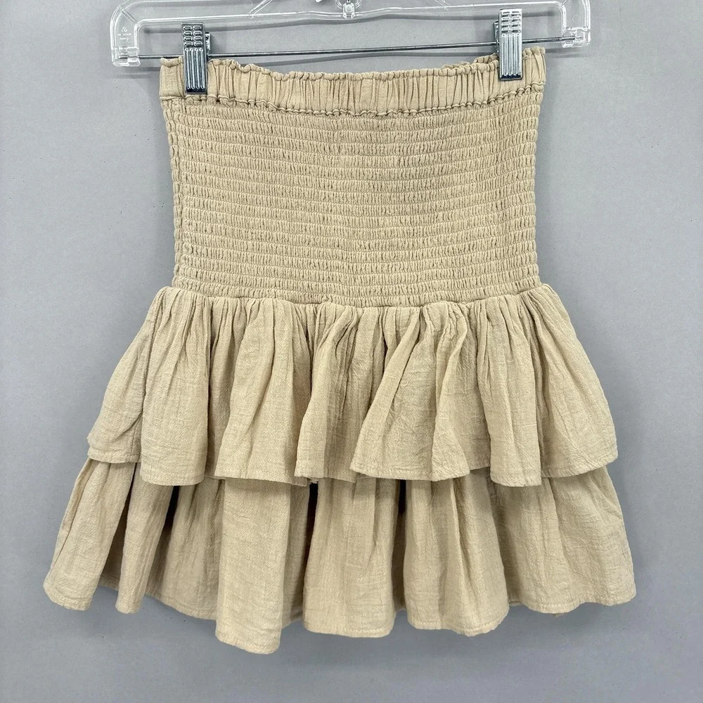 HONORINE Skirt Womens XS Beige‎ Tiered Ruffle Smocked Waist Mini Made in USA